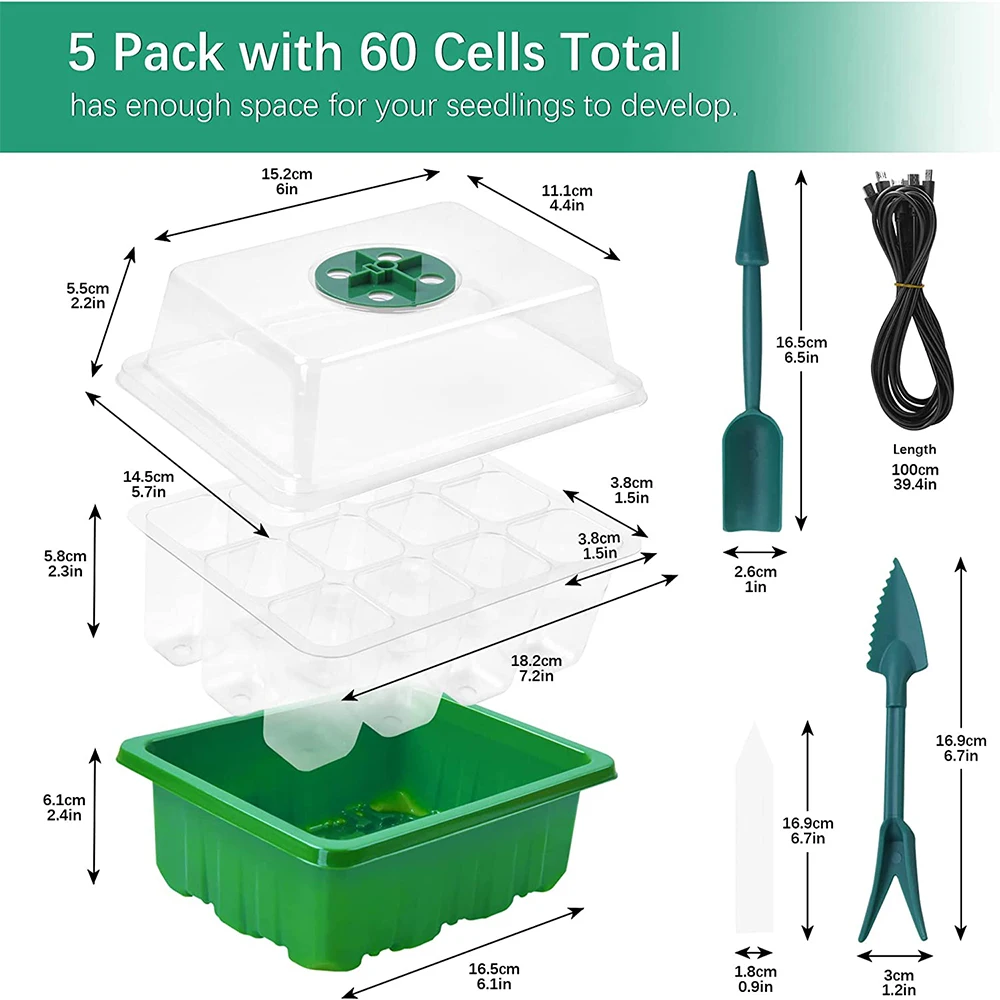 Reusable Seed Starter Trays with Grow Light Seedling  Tray 5 Pack 60 Cells Humidity Adjustable Greenhouse Germination Kit