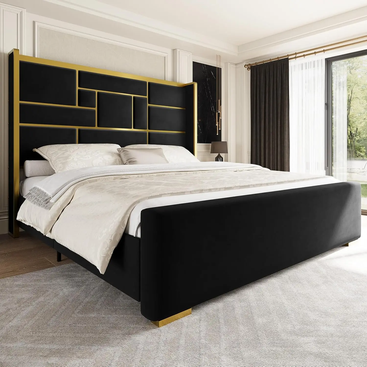 

King Size Bed Frame with 55.12" Tall Headboard, Modern Luxury Velvet Upholstered Platform Bed with Gold Trim, Wide Wingback Desi