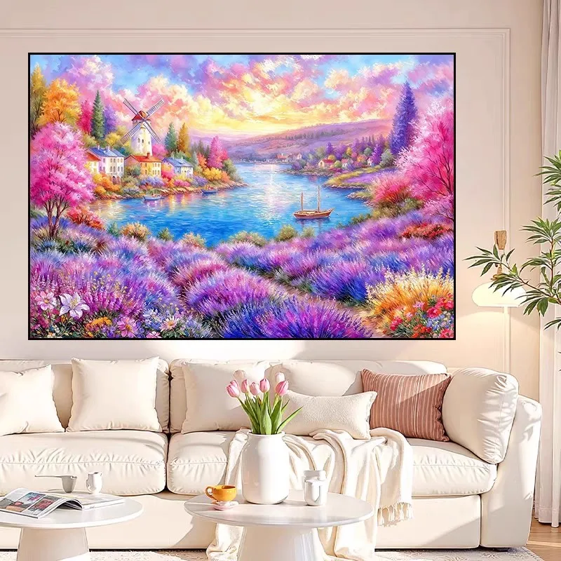

9ct 100x75cm Lavender Lake Embroidery DIY Printed Kits Cross Stitch Needlework Set Home Decor Crafts