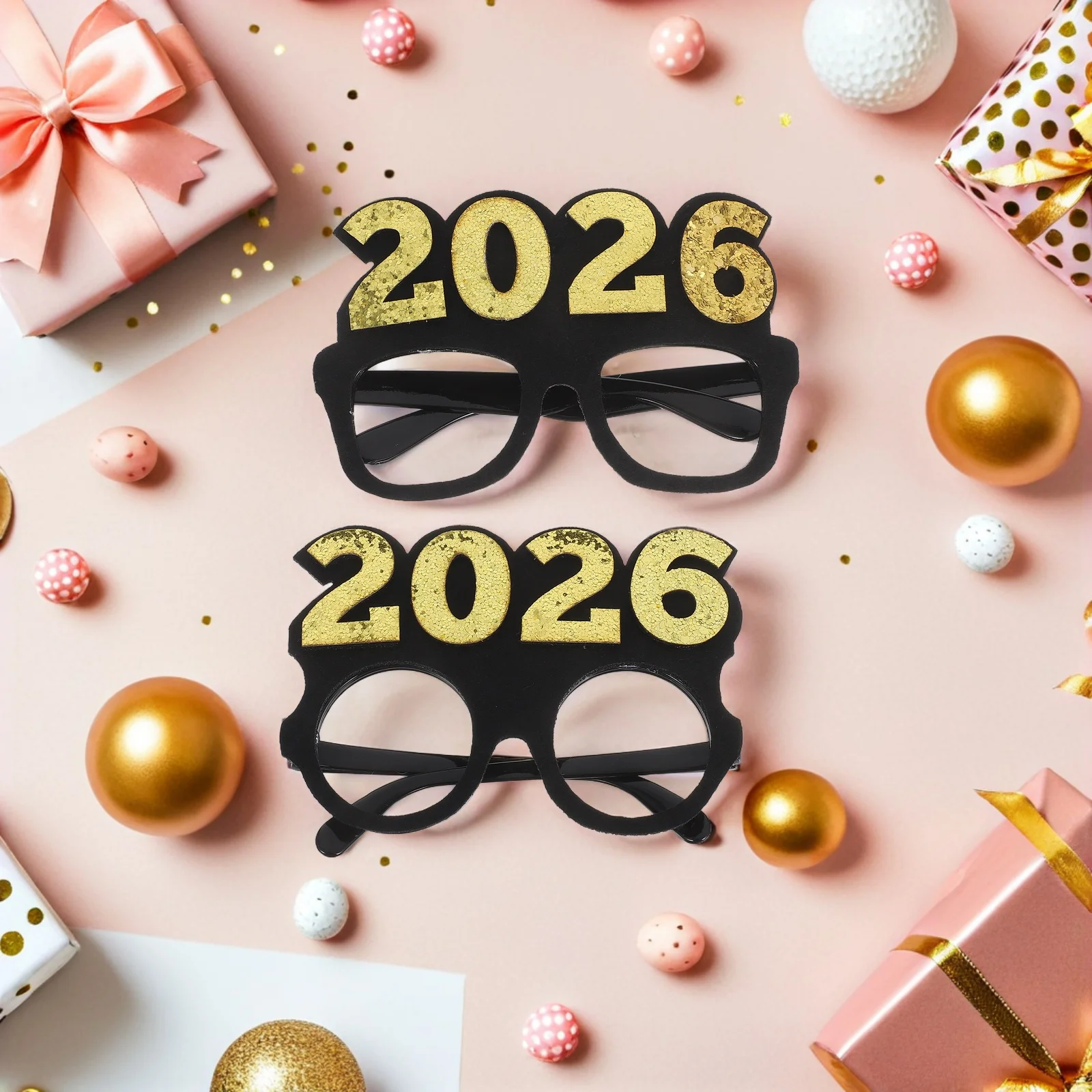 2 قطعة 2026 النظارات الذهب الأسود بريق السنة الجديدة حفلة مضحك كابينة تصوير الدعائم إطارات بلاستيكية اكسسوارات السنة الجديدة صور نظارات
