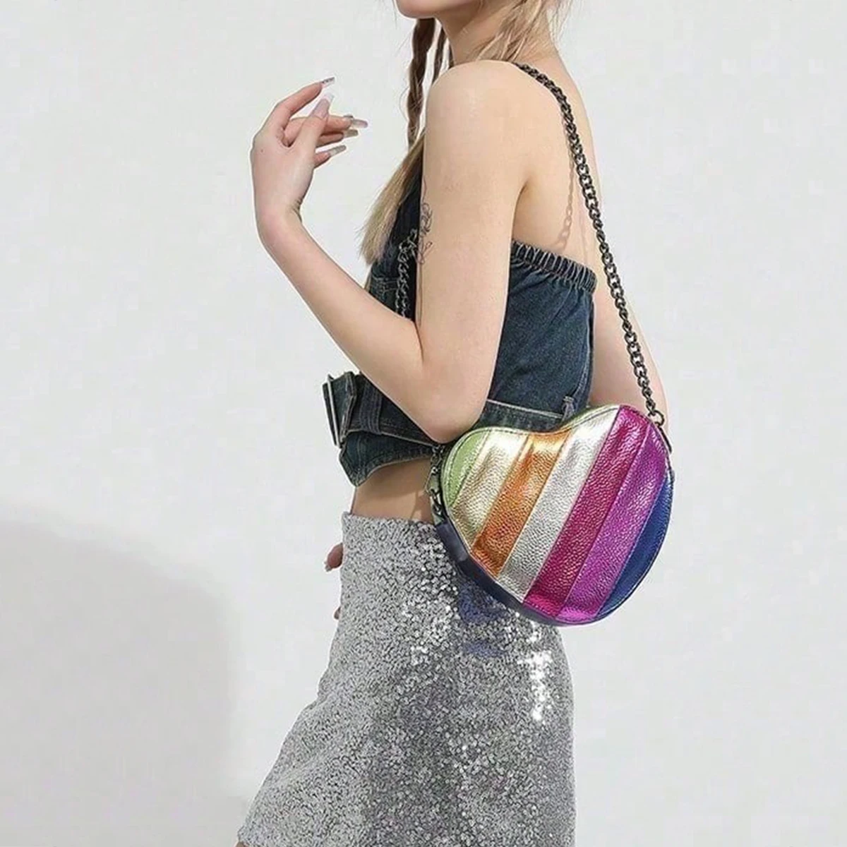 جديد الحب على شكل قوس قزح نمط حقيبة كروسبودي صغيرة اللون شريطية سلسلة يوميا تنوعا حقيبة كتف بسيطة #5