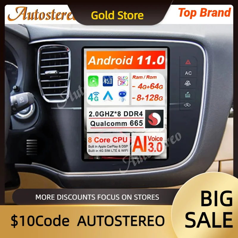 For Mitsubishi Outlander 2014-2018 Android 11 Carplay Tesla Style Car GPS Navigation Autoradio Stereo Headunit Multimedia Player