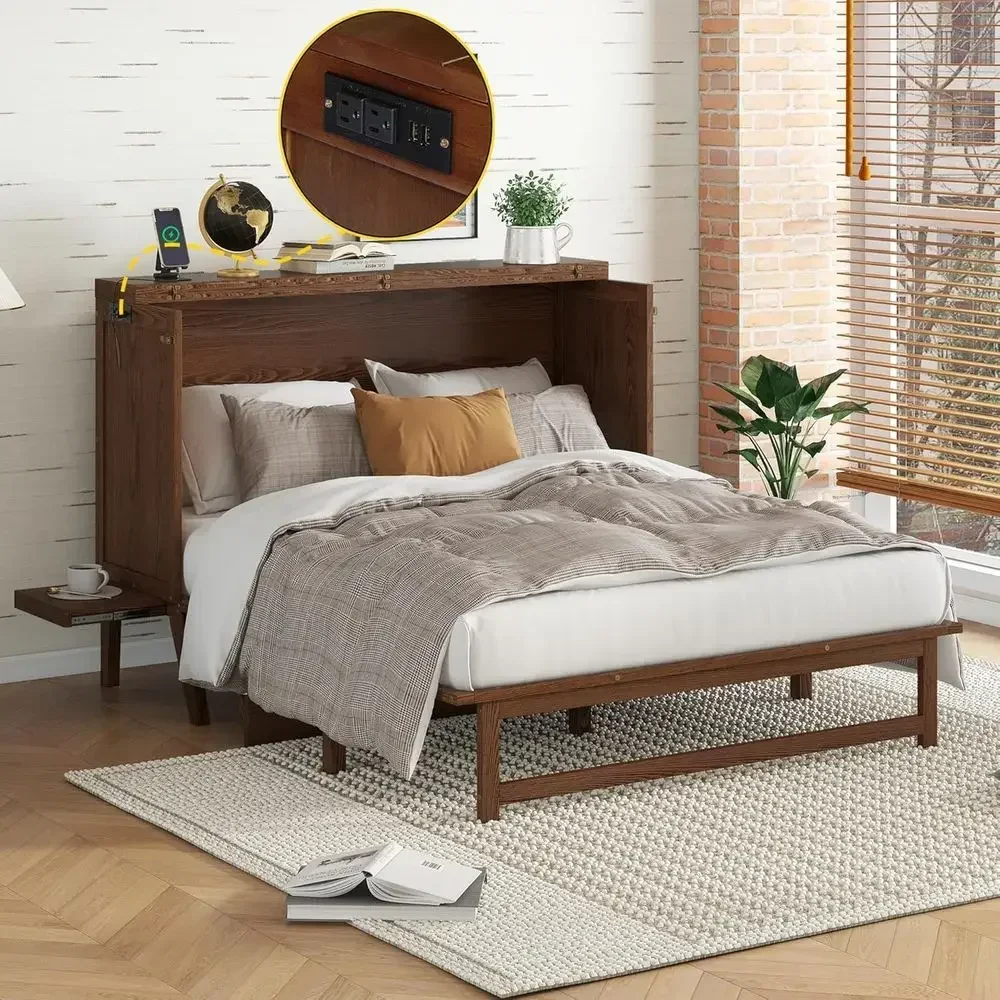 Wall-Mounted Queen Murphy Bed with Desk, USB Ports, and Side Shelves - Ideal for Small Spaces in Walnut Finish view 4