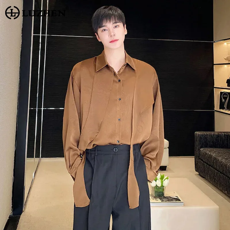 

LUZHEN Sleeve 2025 Spring New Ribbon Patchwork Design Long Shirts Men Fashion Solid Color Loose Elegant Male Casual Tops JY5516