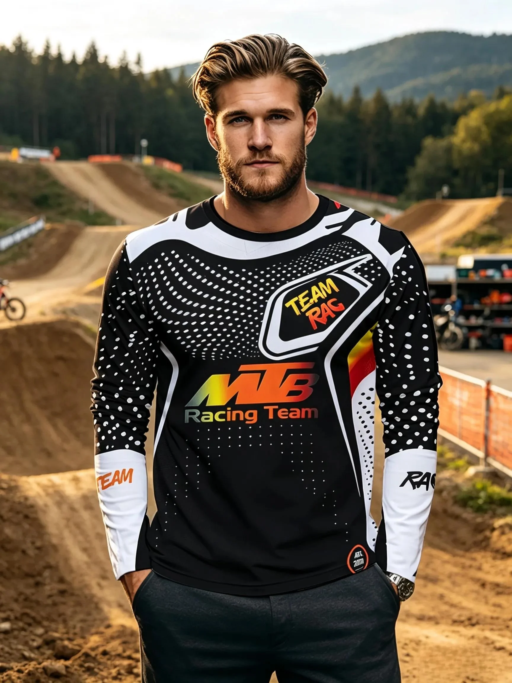 2026 Spring and Autumn MTB Printed Black Long-Sleeved T-shirt for Men and Women, Fashionable  Trendy Motorcycle T-shirt
