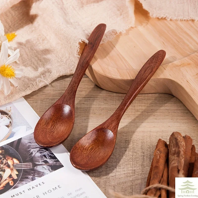 6PCS Wooden Tea Spoon Long Coffee Spoons Small Teaspoon Set Wood Honey Dessert Spoon Coffee Drink Stirrer Teaspoons Tableware