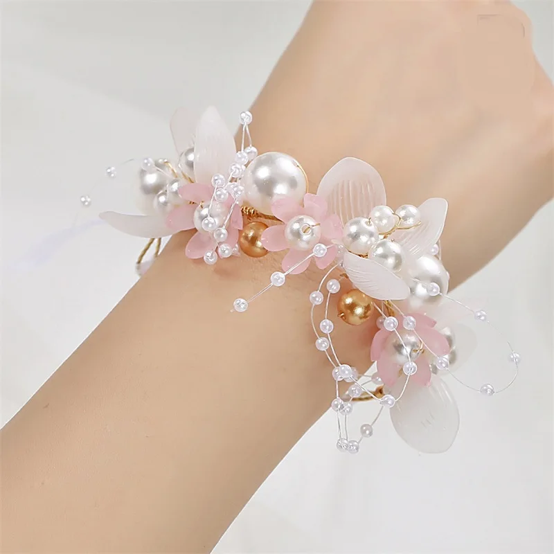 Beautiful Children Wrist Corsage Pearl Beads Hand Flower Bracelet with Ribbon Bride Bridesmaid Wrist Corsage Wedding Accessory