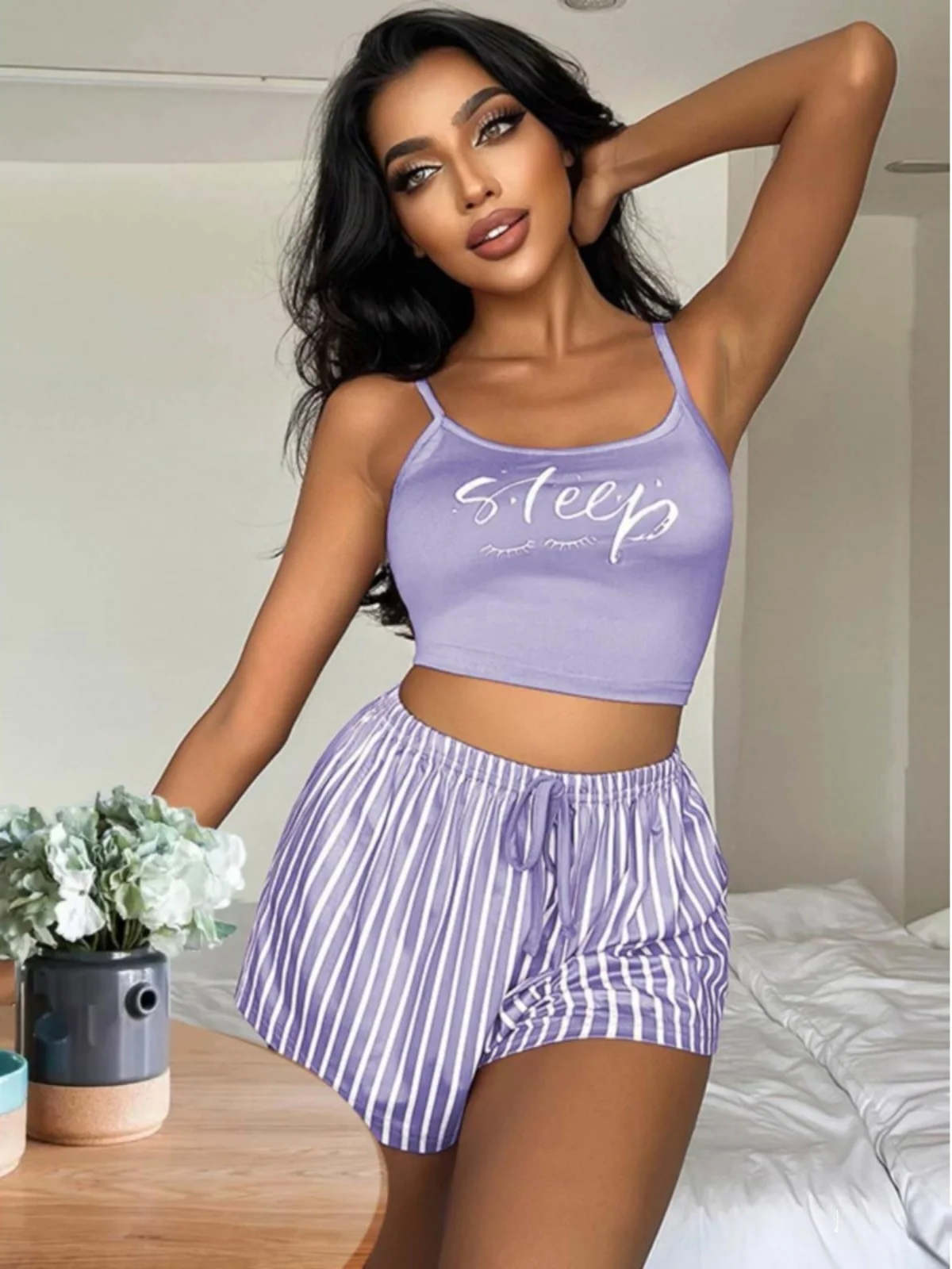 

Sexy Suspenders Pajama Set Women's Lingerie Home Clothes Short Pants Sleepwear Comfortable Polyester round Neck Short Sleeve