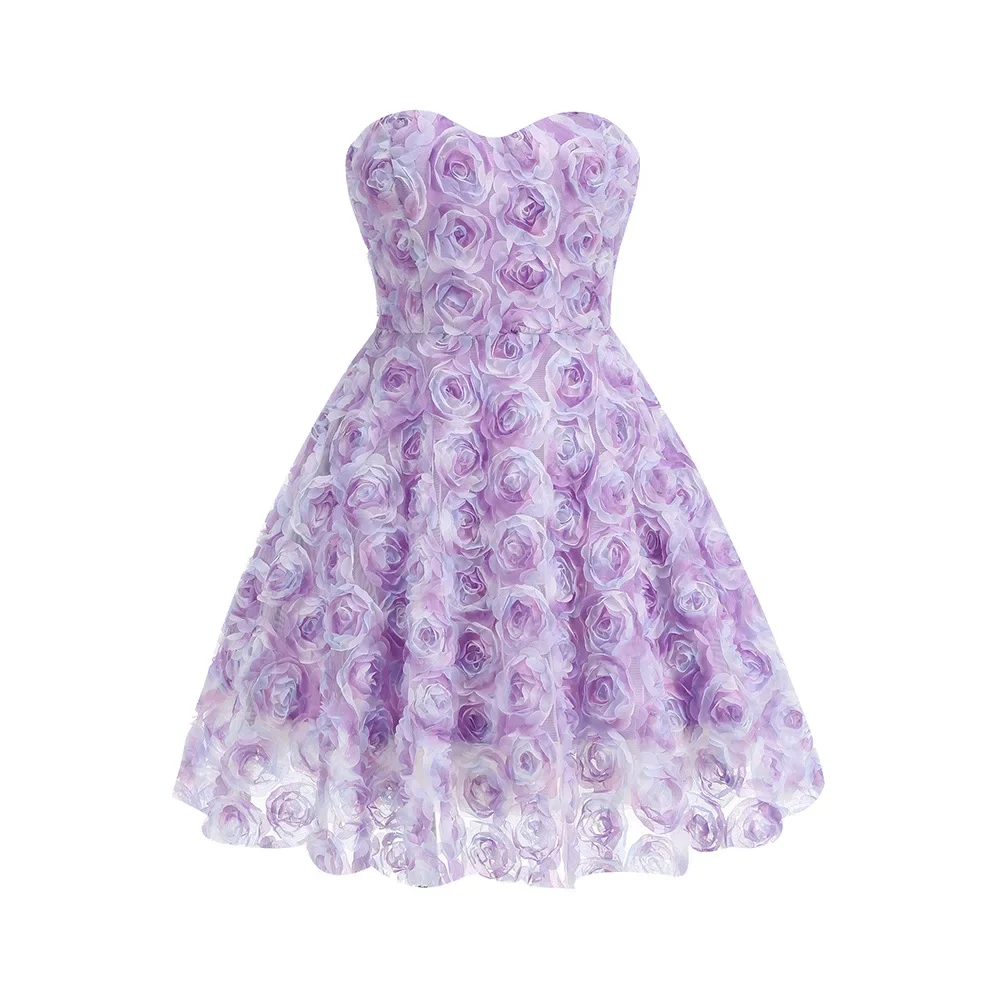 

Purple Color Women Strapless Florals Ball Gown Mini Dress Cute Girls' Birthday Party Celebrate Vacation Dress Vestido