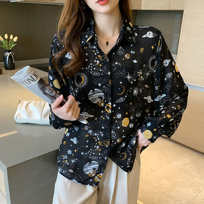 Women Clothing Spring Autumn Trendy Print Harajuku Y2K Shirt Sexy Sheer Long Sleeve Chiffon Blouse Casual Loose Tops Chic Blusas