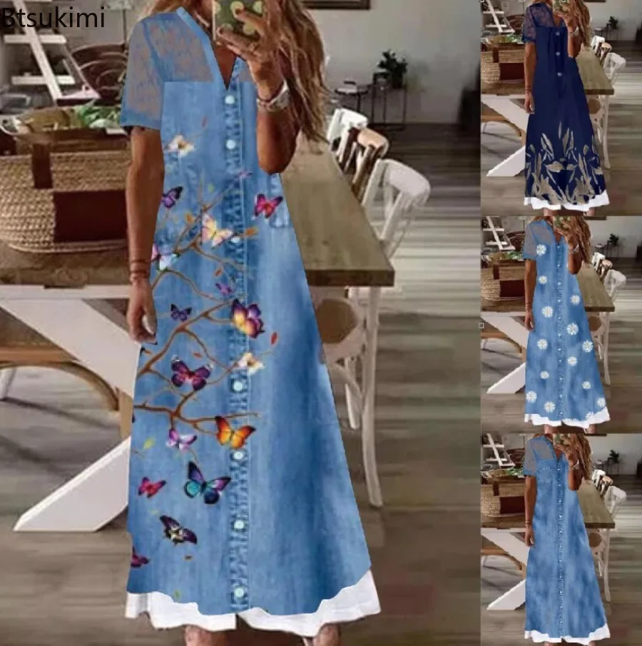 

2024 Summer Dresses Fashion Splice Lace Denim Dress for Women Trend Slim Printed A-line Long Skirts Ladies Casual Sweet Vestidos