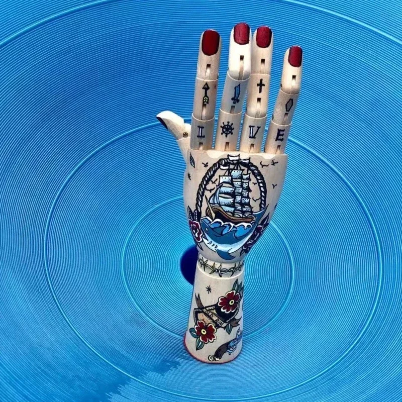 2023# Tattoo Wooden Hand Ornament Hand Joint Finger Figurine Kanagawa Surf Painting Hand Movable Art Wooden Hand Joint Doll