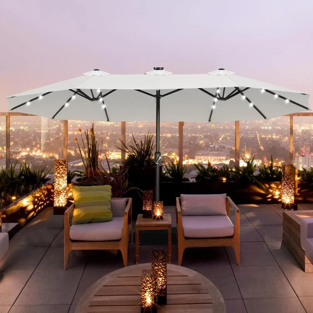 15 Foot Patio Umbrella with Solar Light Double Sided Large Outdoor Market Rectangular Umbrella with Seat Included