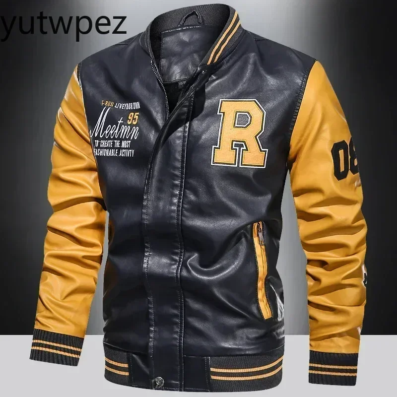 American Baseball Collar Pilot Casual PU Leather Jacket Spring and Autumn Men's Motorcycle Suit Leather Jacket Color Blocking