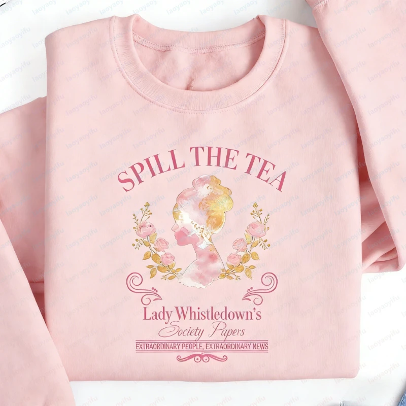 Spill The Tea Sweatshirt Lady Whistledown Langarm-Hoodie im Regency-Stil mit Vintage-Silhouette und floralem Gossip Society Papers-Motiv