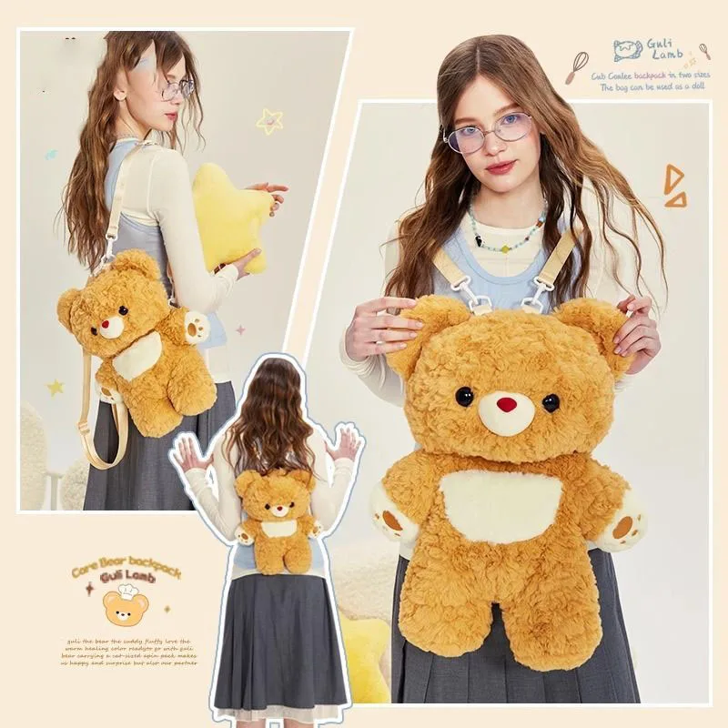 Cute Bear Plush Backpack Squishy Fluffy Animal Shaped Bag for Girls Casual Daily Use Cartoon School Bag with Removable Straps