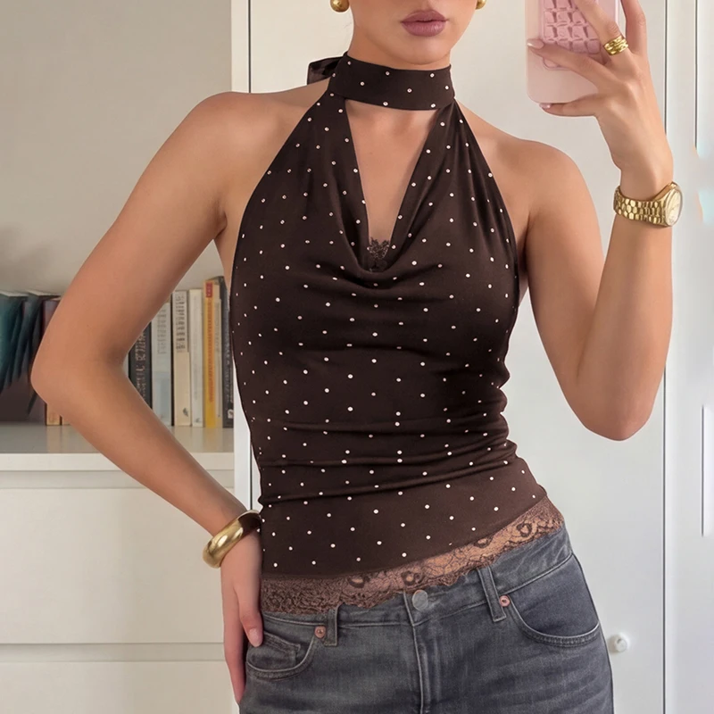 Dulzura Women'S Sexy Backless Lace Ruffles Patchwork Lace Up Polka Irregular Top Vintage Casual Vacation Beach Summer Y2K Outfit