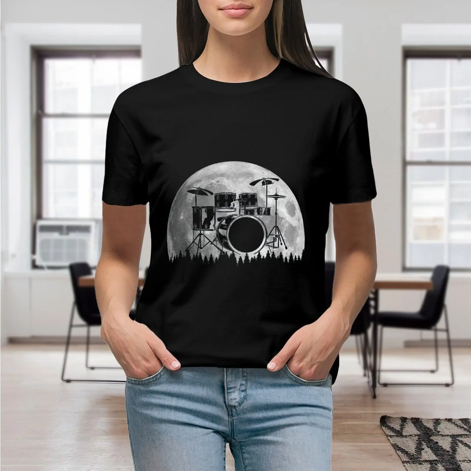 Drum Silhouette Musician Drummer Sci-Fi Style Drum Women Shirt Graphic Shirt Casual Short Sleeved Female Tee T-Shirt Size S-4XL