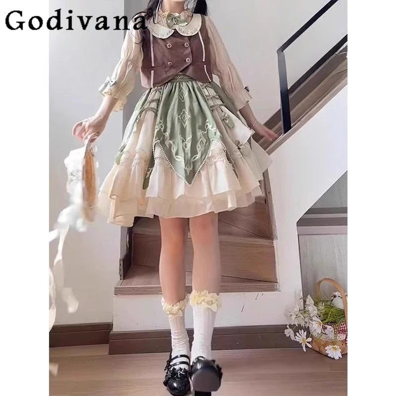 Conjunto de falda y camisa estilo muñeca Vintage verde para mujer, traje de falda dulce de princesa de estilo japonés, trajes de Lolita de calle alta para mujer