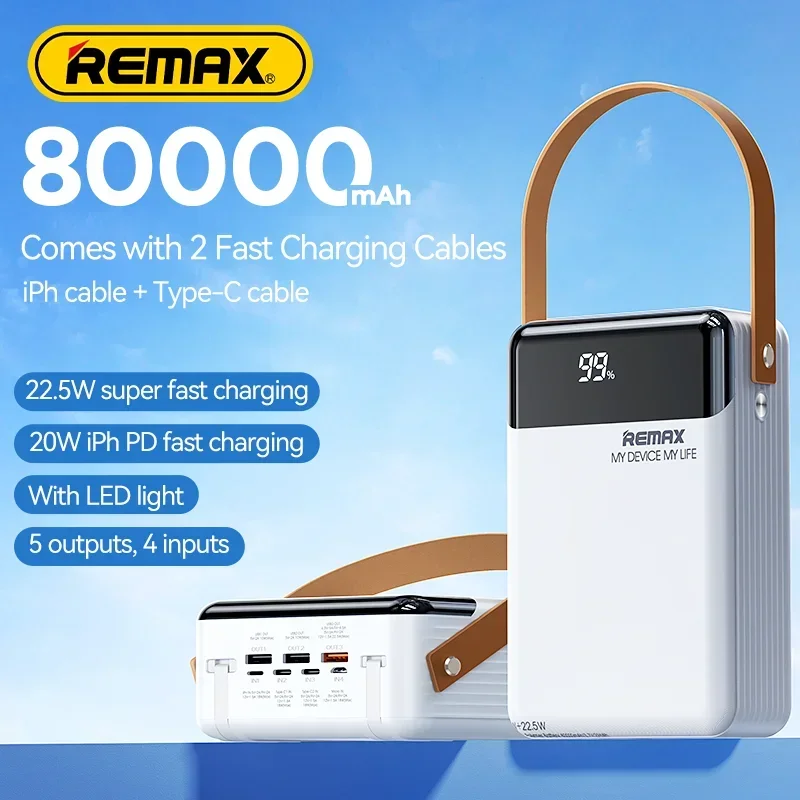 

REMAX 80000mAh High Capacity Power Bank Super Fast Charging For iPhone 15 Laptops Tablets External Charger Outdoor Power Station