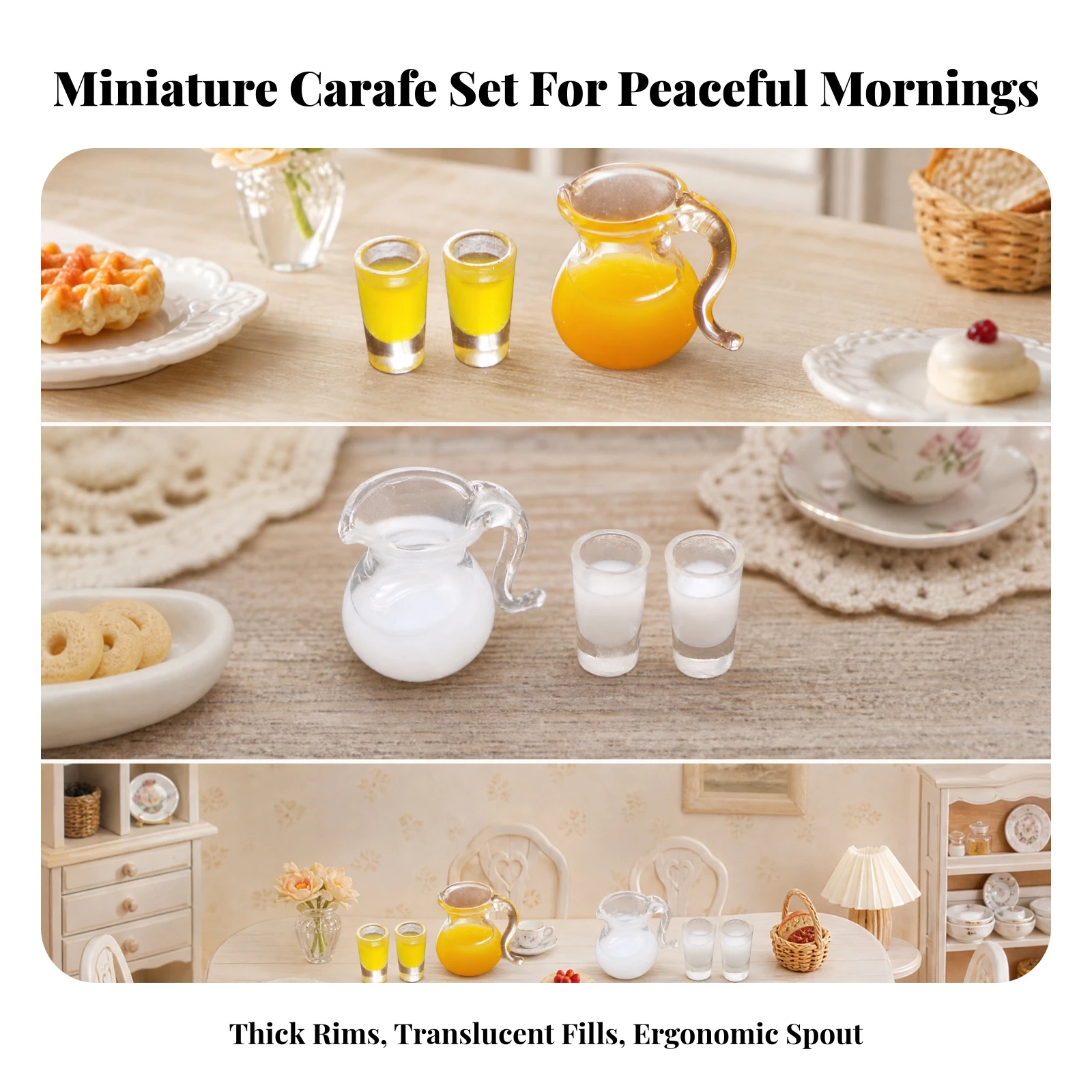3 Pieces Miniature Drinkware Compact Miniature Food Scene Beverage Prop Set Tiny Glass Pitcher with Matching Glasses