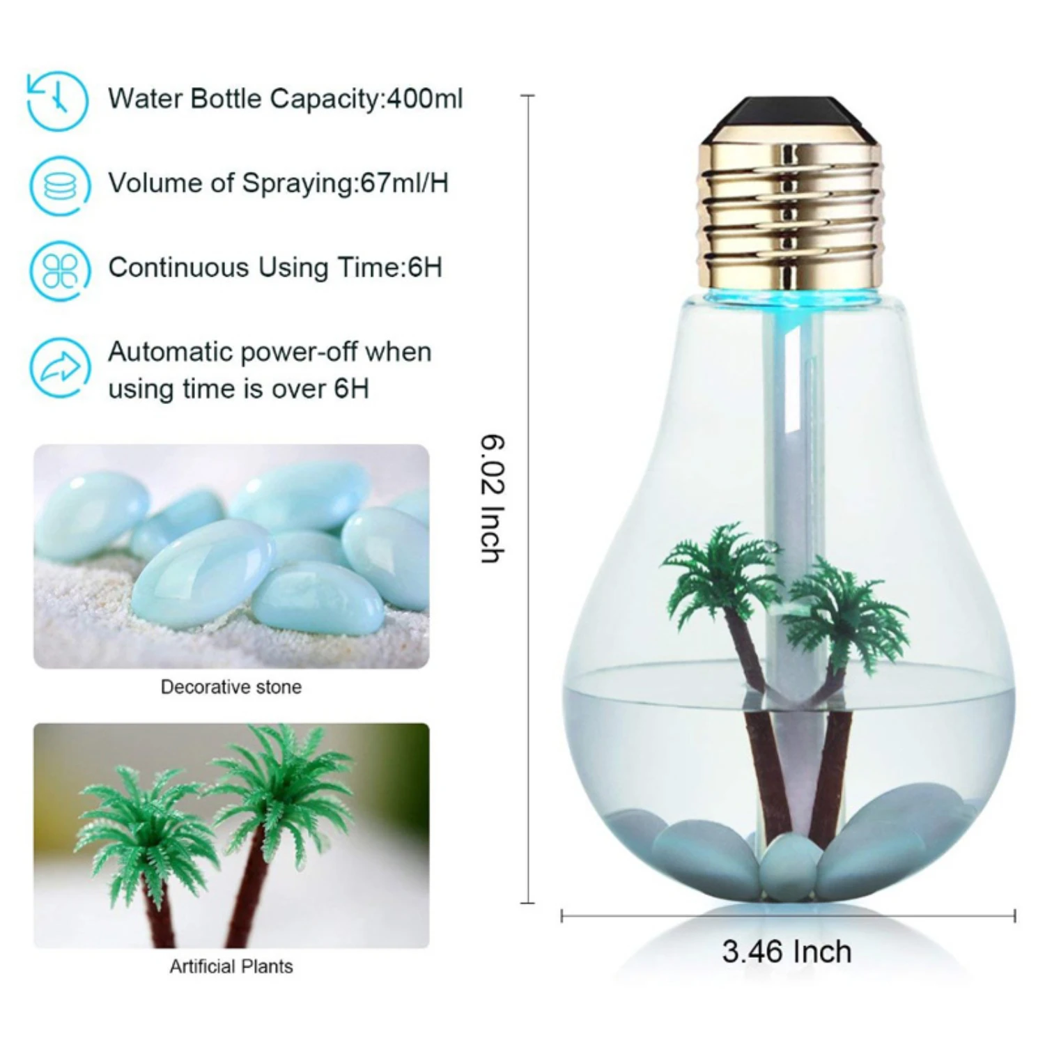 เครื่องทำความชื้นในอากาศอัลตร้าโซนิคสุดเท่แบบใหม่พร้อมไฟกลางคืน7ไฟ LED เปลี่ยนสีได้-การทำให้สดชื่นดีไซน์หลอดไฟ400มล.-เปิด/ปิด-หมอก