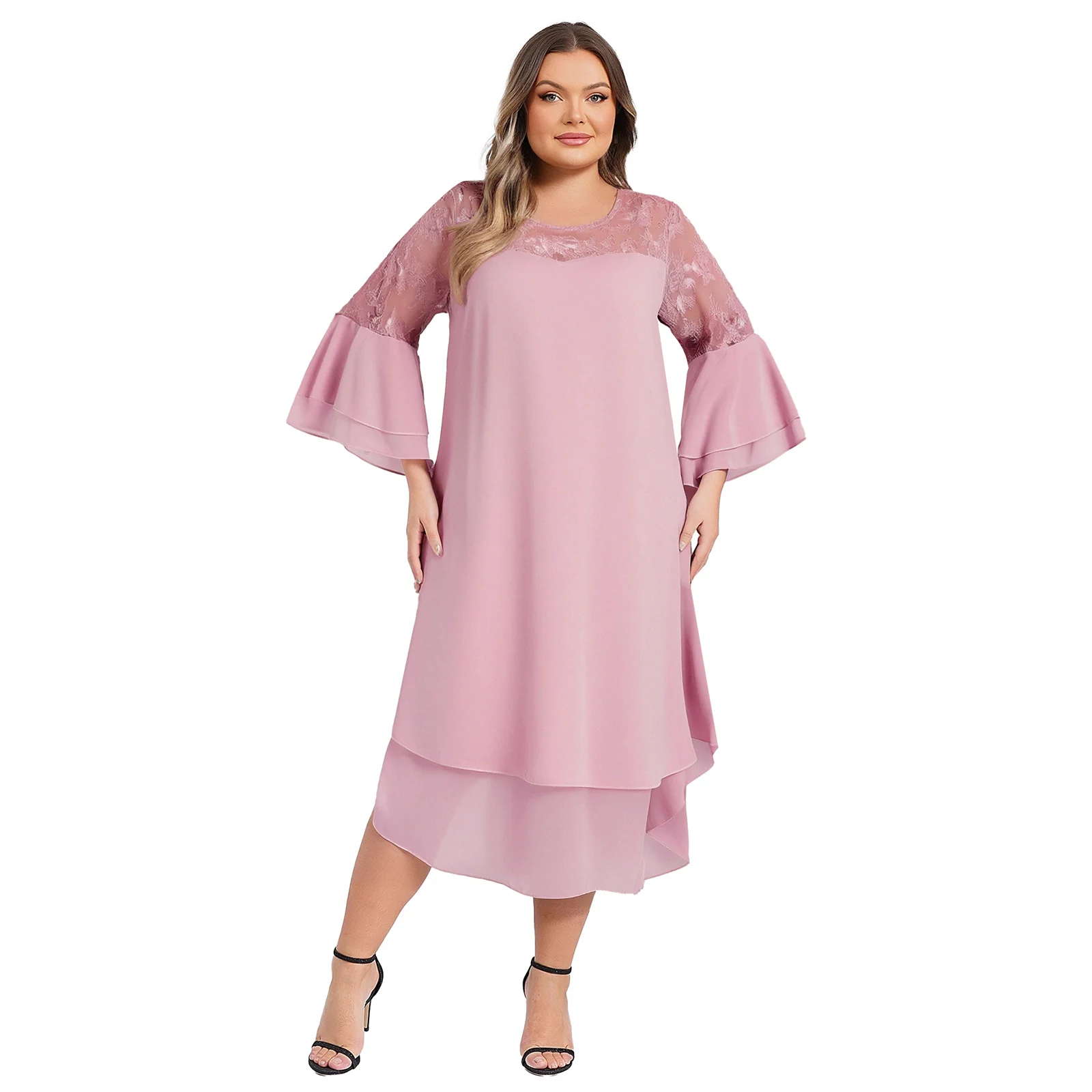 

Elegant Women Lace Embroidery Wedding Party Dress for Pageant Mariage Banquet Cocktail Evening Dress Guest Gown Flared Sleeve