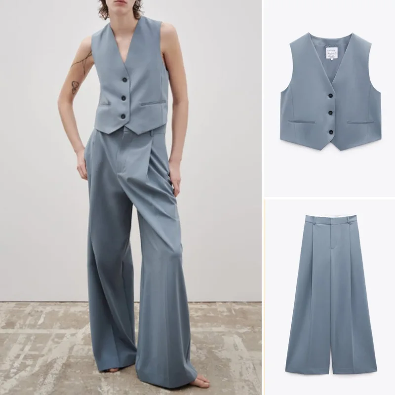 Sleeveless Women Suits Set 2 Pcs Vest Tops+Straight Wide Leg Pants Blue Grey Cotton Formal Office Suit Casual Wear In Stock