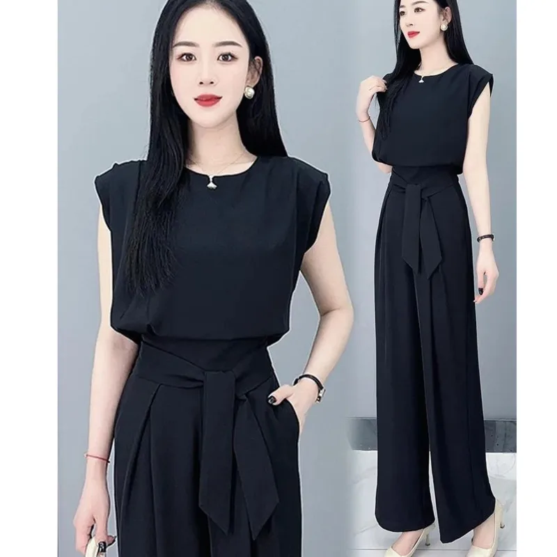 Women\'s Summer New Korean Fashion Casual Sagging Off Shoulder Sleeveless Crop Top And High Waist Wide Leg Pants 2 Two Piece Set