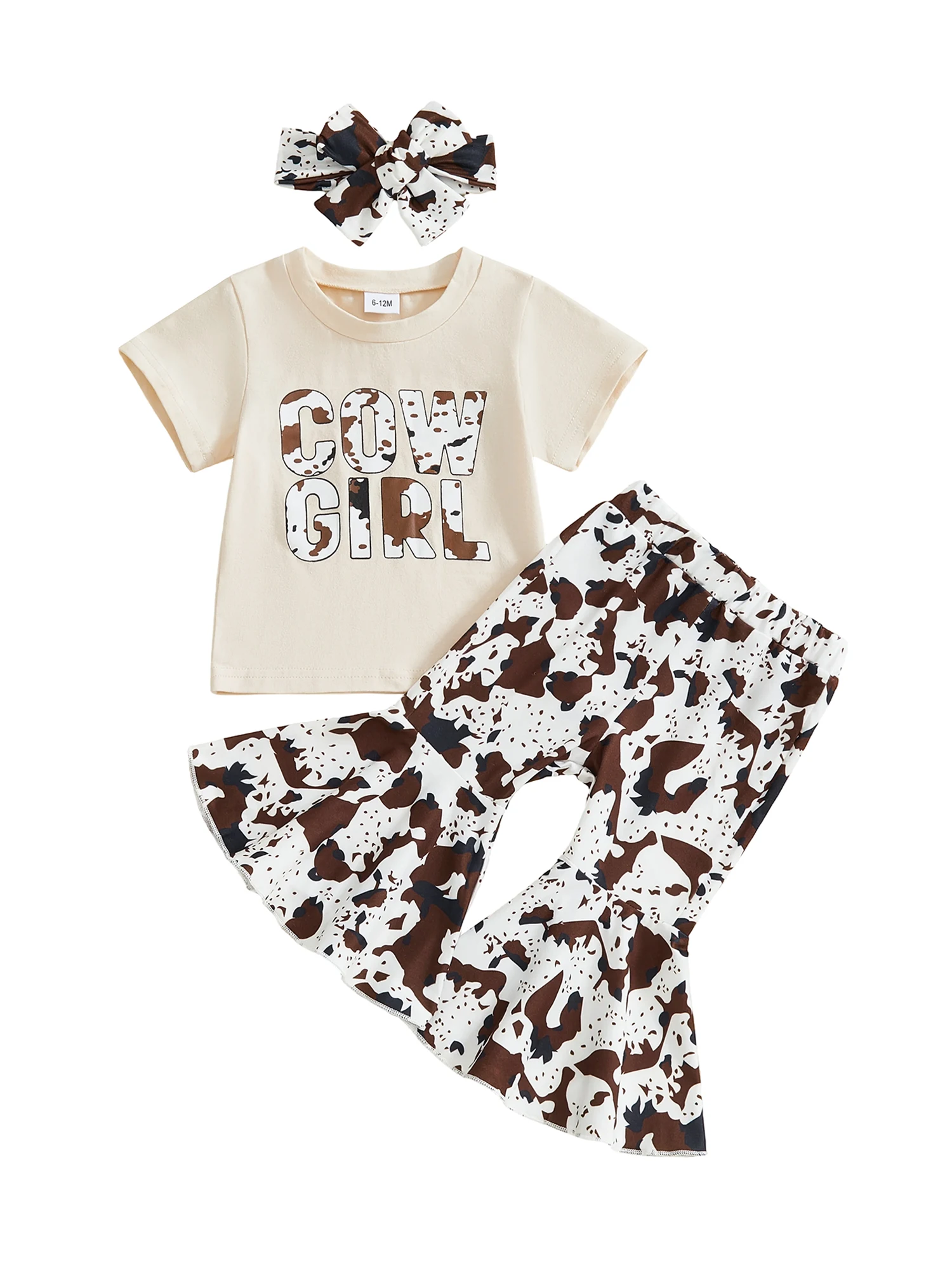 

Toddler Girl 3Pcs Autumn Clothing Set with Short Sleeve Cow Print Tops Pants and Headband - Cute Baby Outfits