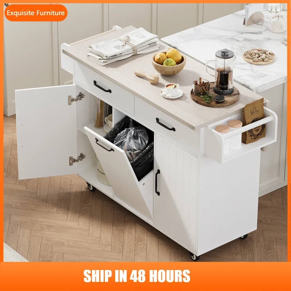 

Kitchen Island with Trash Can Storage Cabinet, Kitchen Cart with Drop Leaf, Spice Rack, Towel Rack and Drawer, Rolling Kitchen