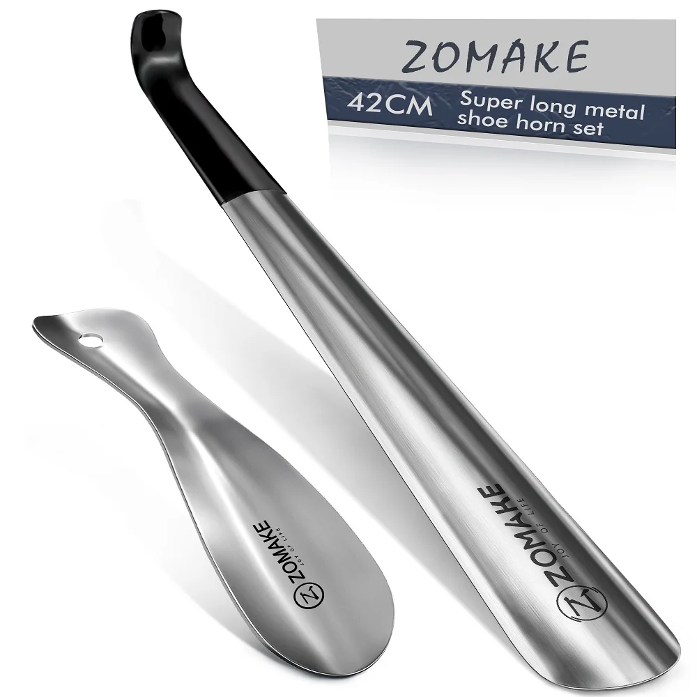 2Pcs Long Handle Shoe Horn 16.5 ‘’ 7.5‘’ With Leather Cover Metal Spoon Travel Wear Shoe Helper Lifter Lazy