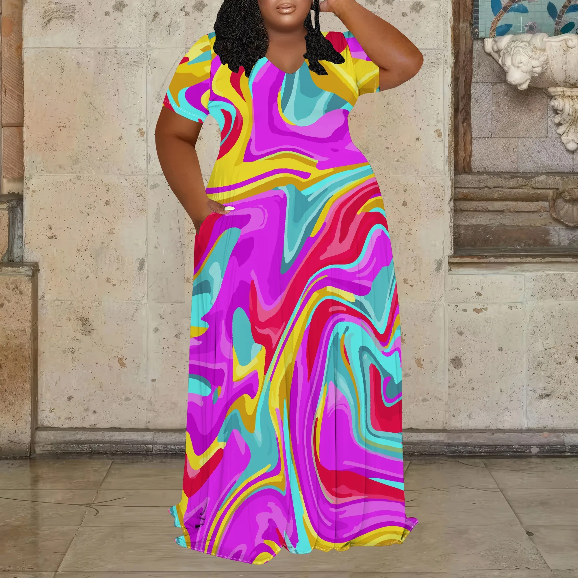 

Женское летнее платье больших размеров с 3D модным камуфляжным принтом в полоску, платье макси с короткими рукавами и v-образным вырезом (с карманами)