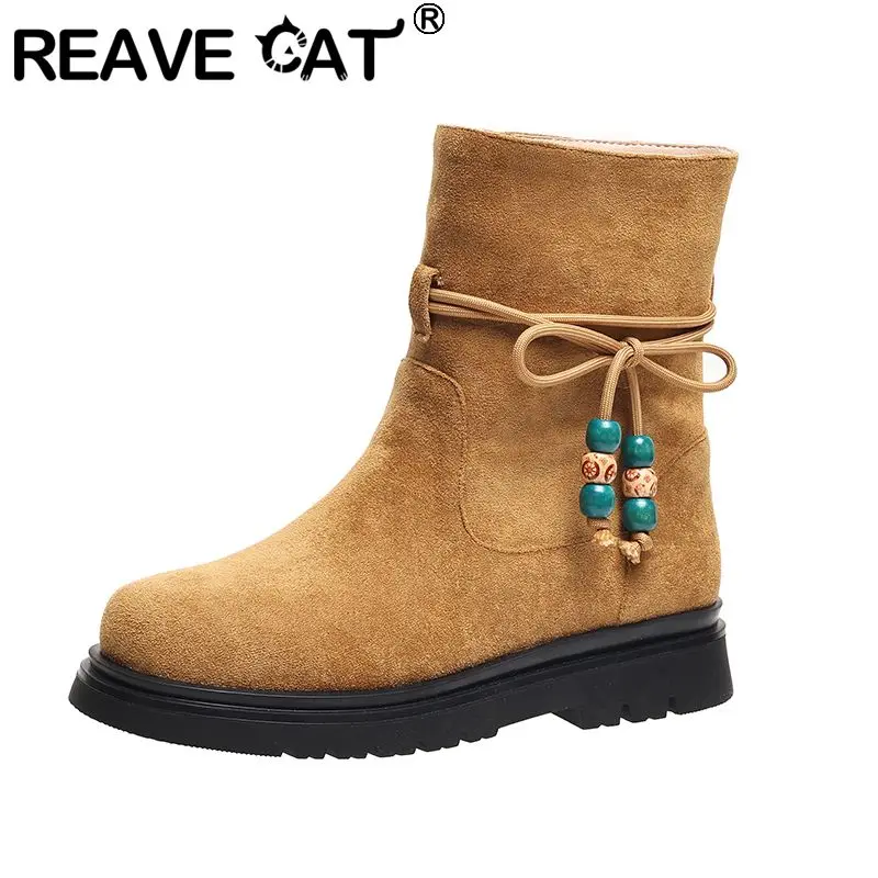 

REAVE CAT Коричневые женские сапоги до середины икры с круглым носком 3,5 см, толстая подошва, слипоны из флока, замши с бантом, маленький размер 31 32 33 Vintage Bota