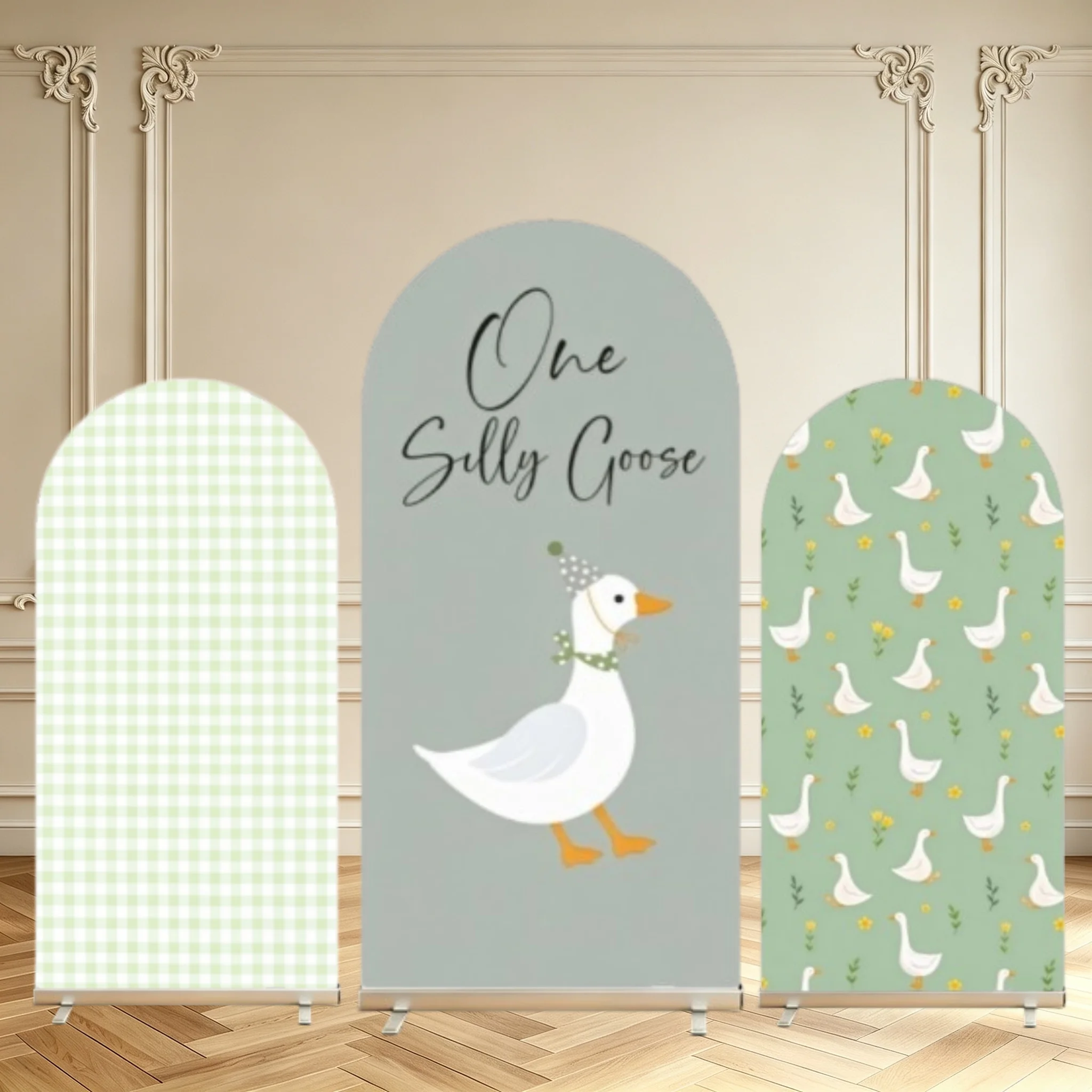 Baby Shower 1st Birthday Arch Backdrop Cover Green Gingham One Silly Goose Baby Shower Party Decoration Double Sided Arch Covers
