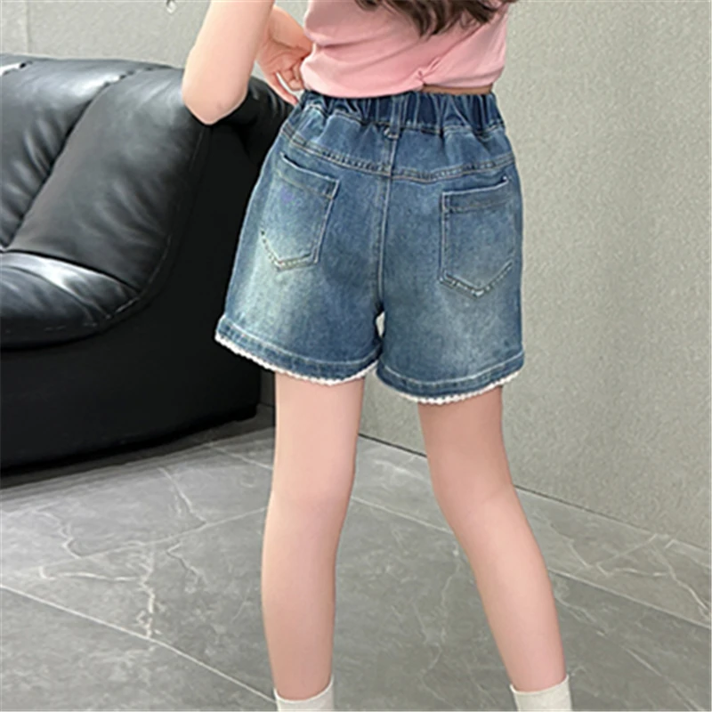 Elegant Child Summer Heart Embroidery Denim Shorts with Lace Trim for Tween Girl Mini Jeans Kids Teenager Above Knee Short Pants
