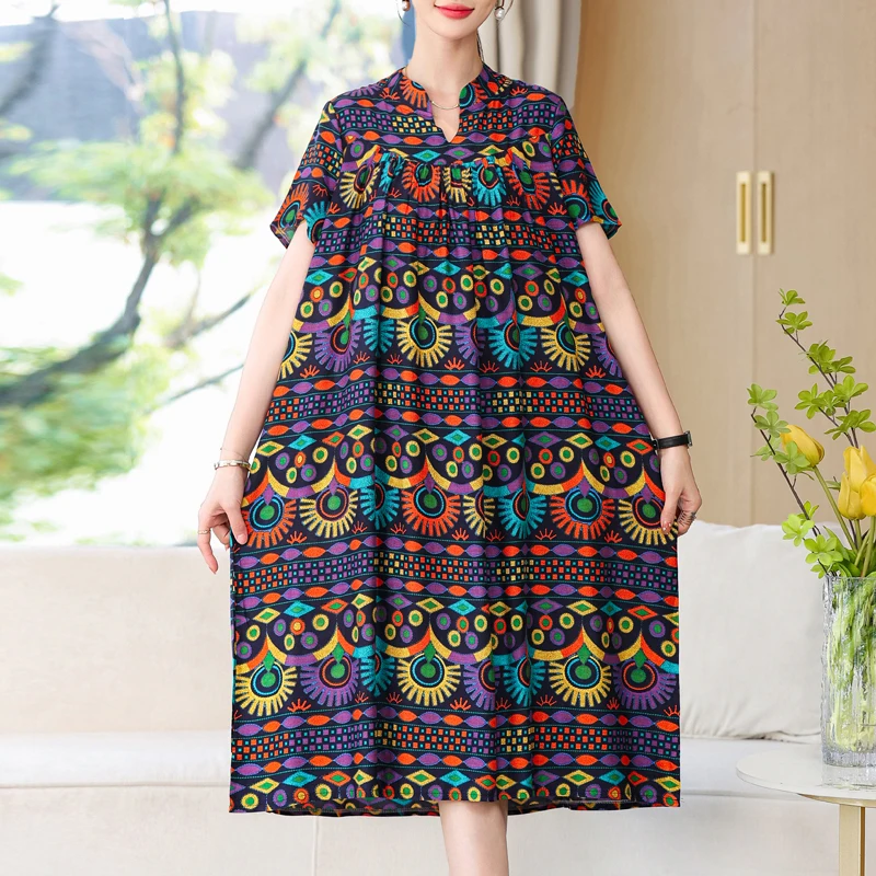 

Summer Dresses for Women 2024 Loose Casual Short Sleeve Long Dress Elegant Middle-aged Women's Clothing