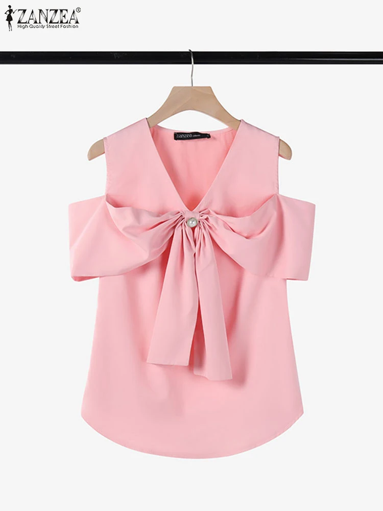 Women Summer Bow Tie Blouse 2025 ZANZEA Elegant Solid OL Work Shirt Casual V Neck Sleeveless Holiday Tops Stylish Party Blusas