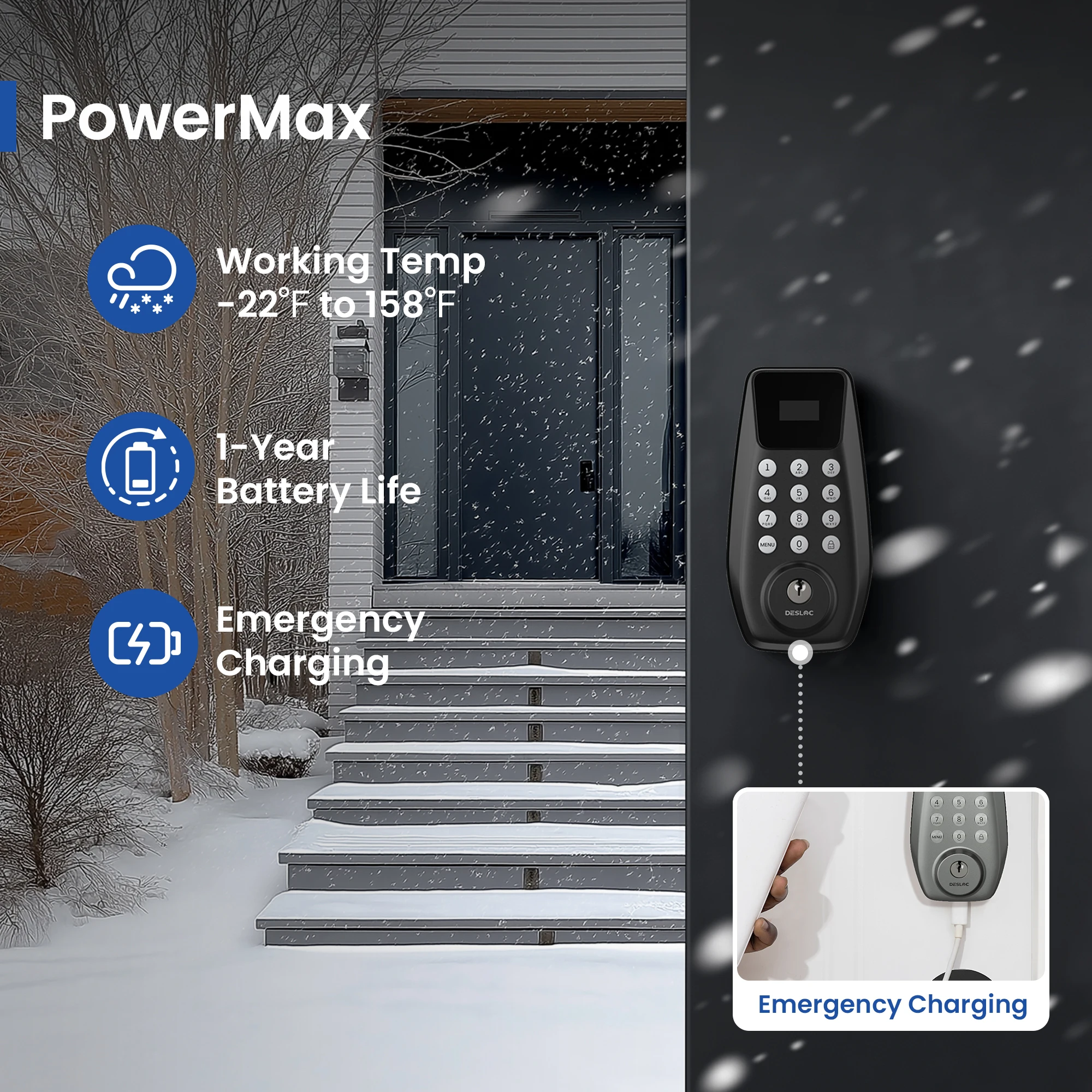 DESLOC ล็อคประตู Keyless Entry พร้อมจอแสดงผล, ปุ่มกด Deadbolt, ล็อคอัตโนมัติ, รหัส PIN 100, โหมด Passage, อายุการใช้งานแบตเตอรี่ 1 ปี