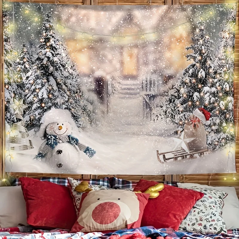 

VIKAMA Snowman Christmas Tree Tapestry Children's Room Decor Living Room Feature Wall Hanging Christmas Room Decor