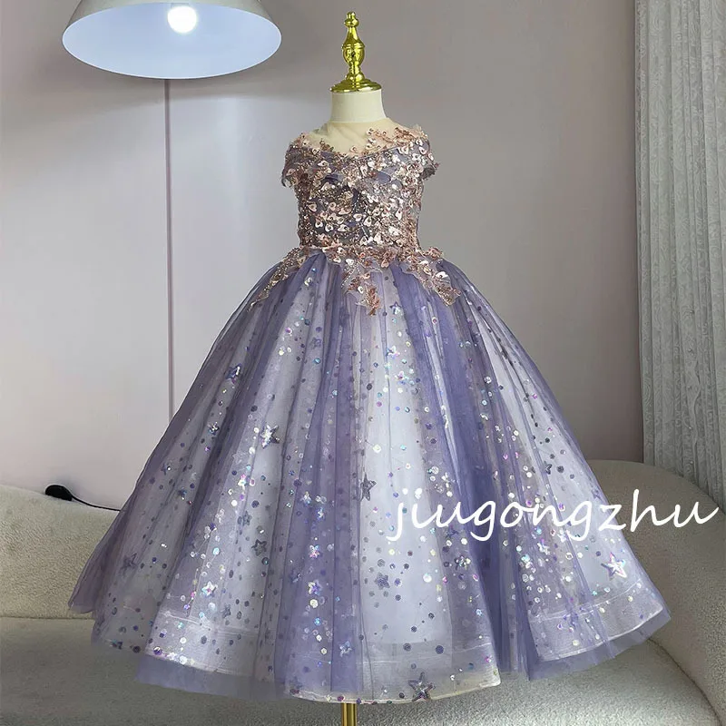 Elegant Flower Girl Tulle Puffy Shiny starry sky Sequin Flower beading With Dresses long dress For Weding Birthday Banquet Gowns