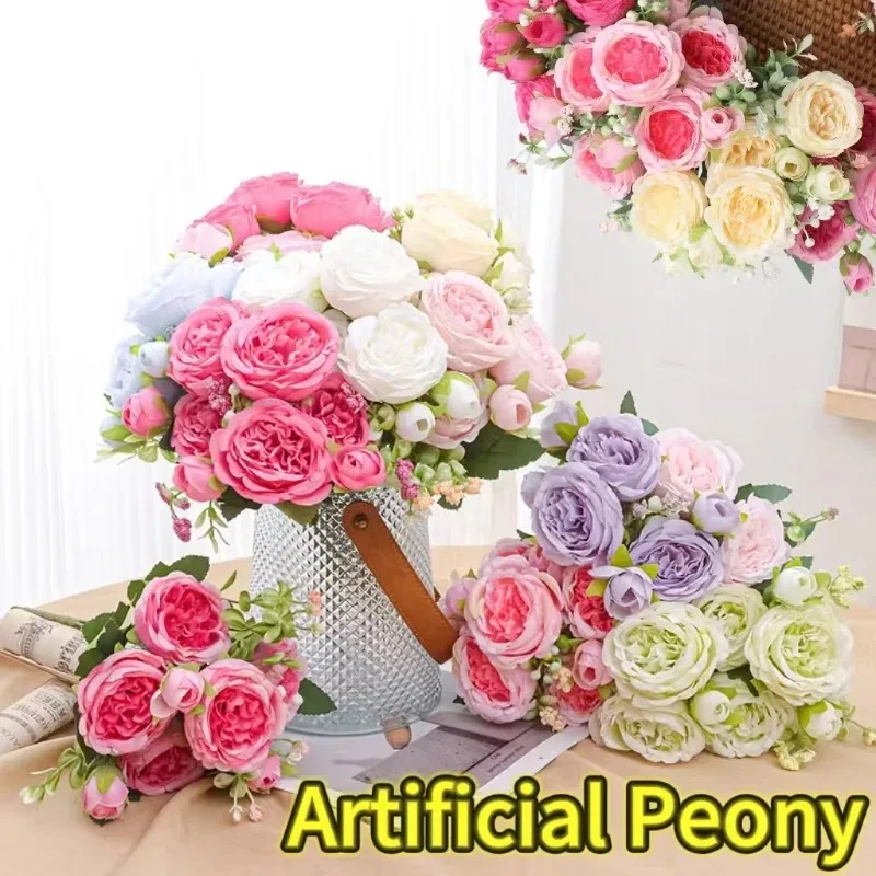Künstliche Blumen, Pfingstrosenstrauß, Seidenstrauß, Blume 5, großer Kopf, 4, kleine Knospe, Braut, Hochzeit, Heimdekoration, künstliche Blume