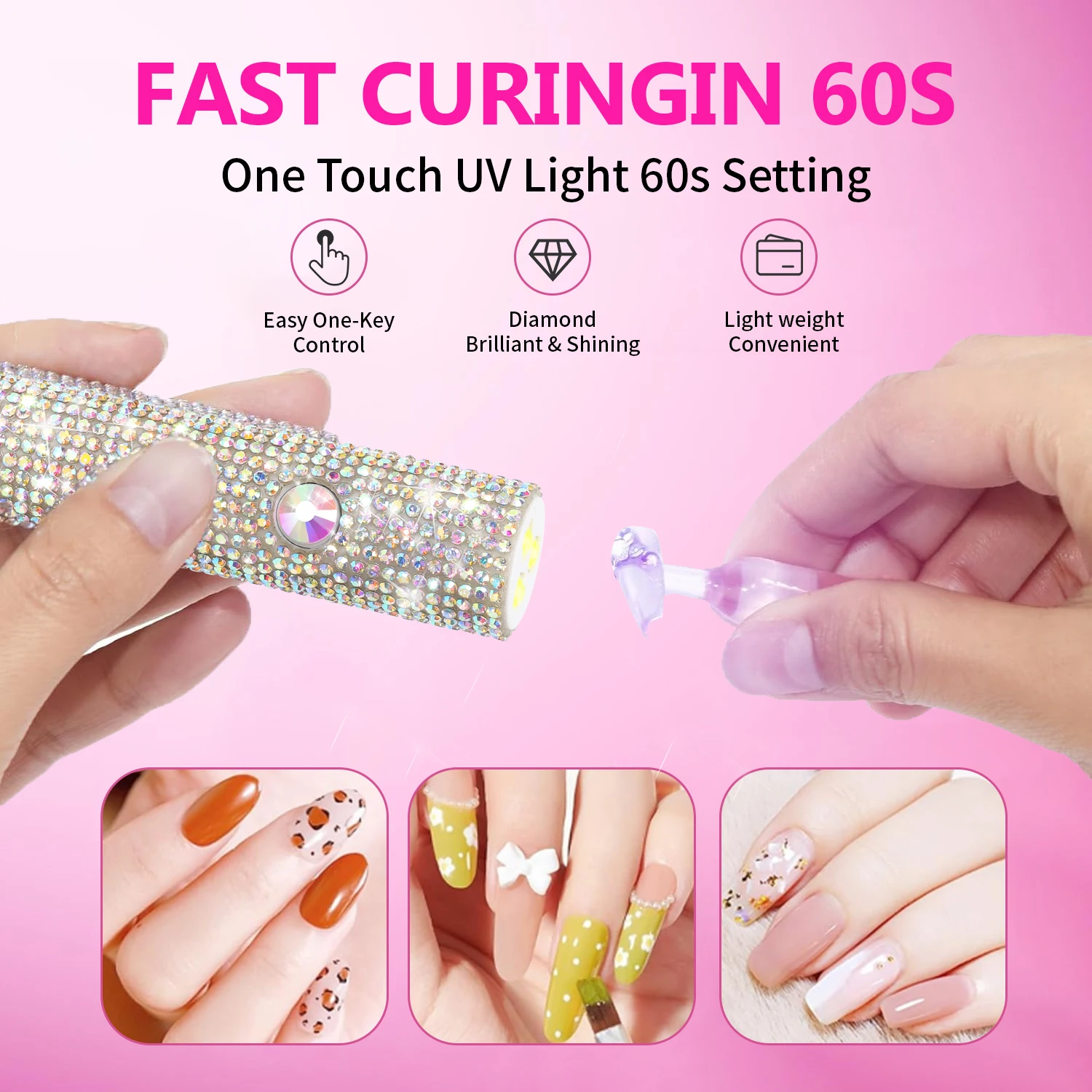 Lampe à ongles UV portative en strass, réglage à 2 minuteries (20s/60s), batterie de 250 mAh pour une utilisation en 15 jours, sèche-ongles en gel rechargeable portable