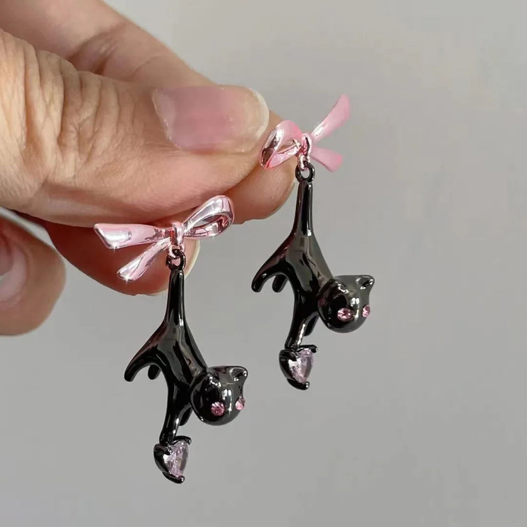 Black Cat Pink Heart Rhinestone Bow Drop Earrings Women Sweet Creative Fun Y2k Aesthetics Dangle Earring 2023 Trendy Jewelry