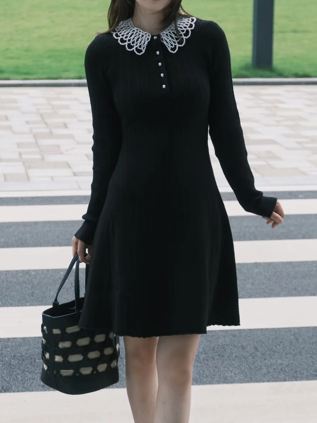 

Detachable Pearl Collar Knitted Dr Long Sve Waist Cinched ort Skirt French Sle Soft Double Ribbed Knit Da...