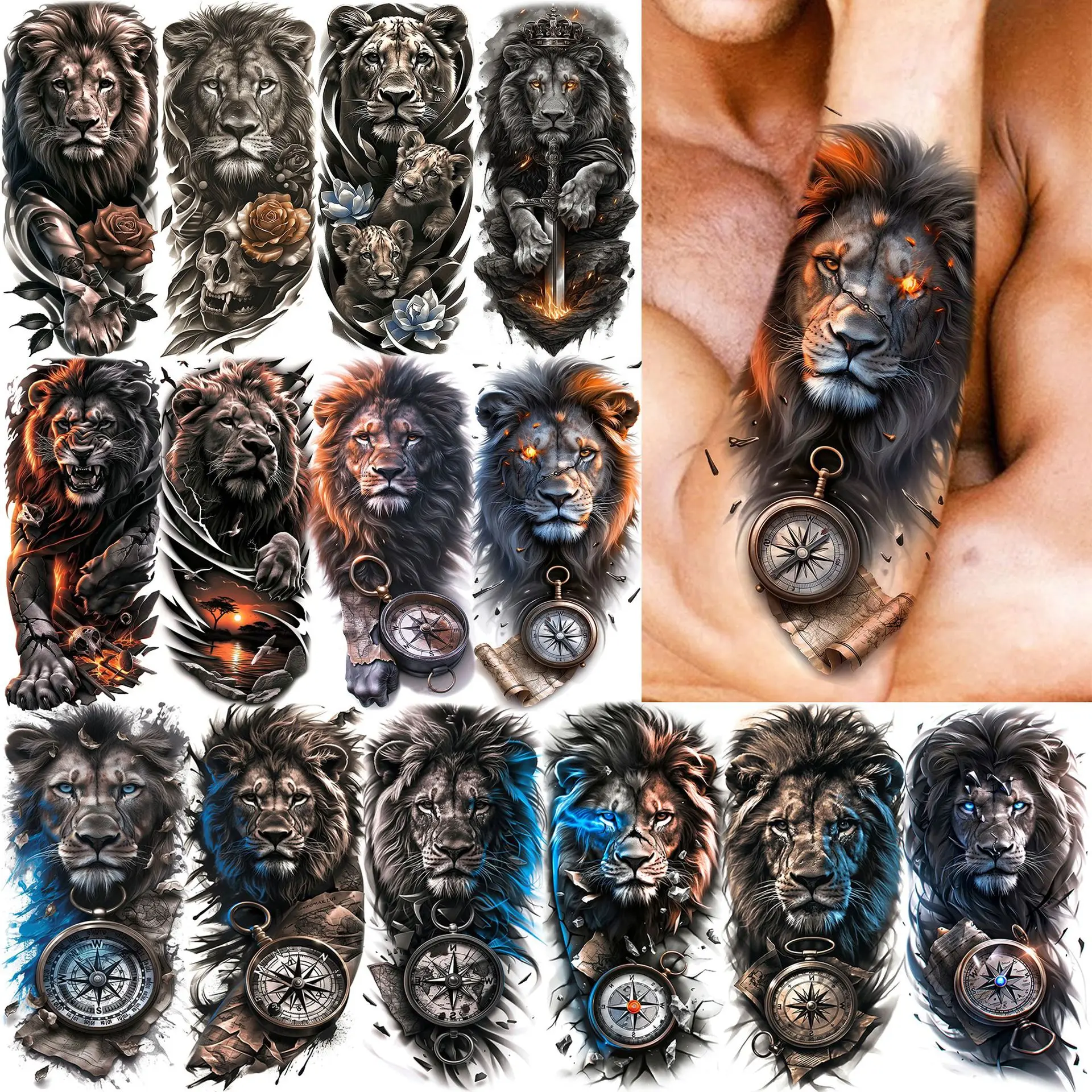 

Premium Lion Realistic Temporary Tattoo Stickers Waterproof Durable Long Lasting Non Toxic Safe Skin for Arm Thigh