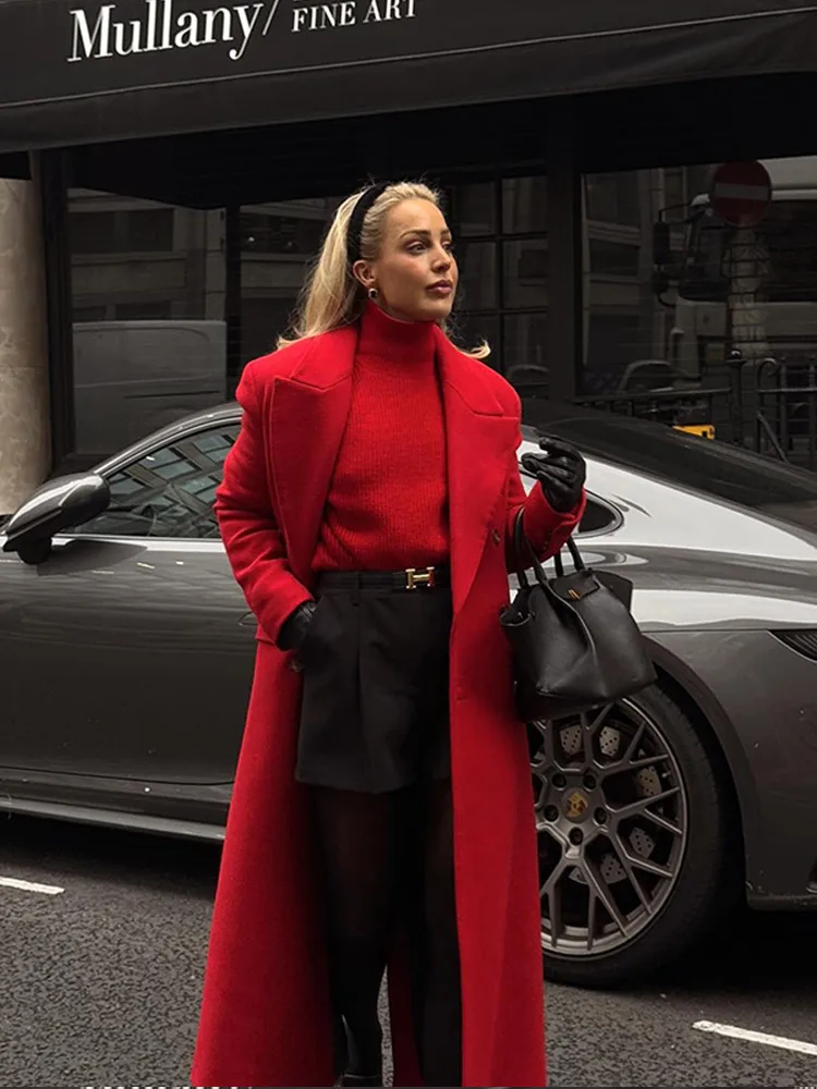 Women Wine Red Elegant Lapel Double Breasted Overcoat Fashion Pockets Full Sleeve Long Warm Jackets Chic Lady Christmas Outwear