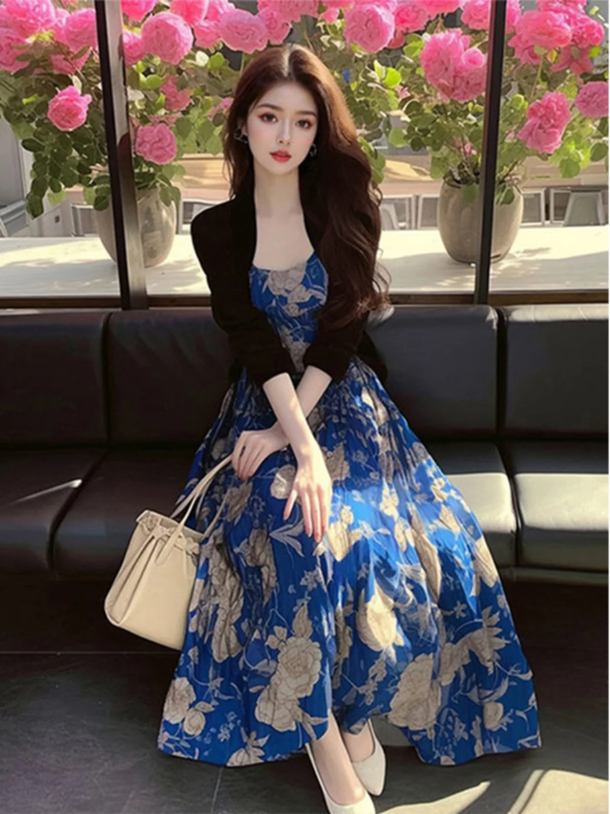 

Blue Floral Print Halter Dress Elegant Ladylike High Waist Long Skirt Big Size Women's Fashion Spring 2026 New Arrival