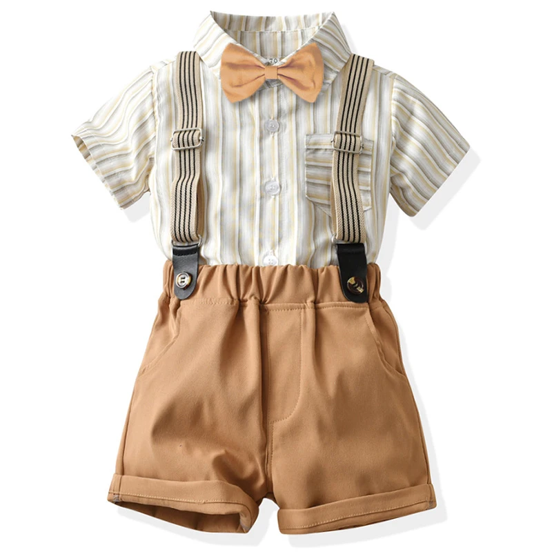 

Summer Newborn Baby Boys Gentleman Clothing Sets Short Sleeve Shirts with Bowtie+Overalls Infant Birthday Party Formal Suits