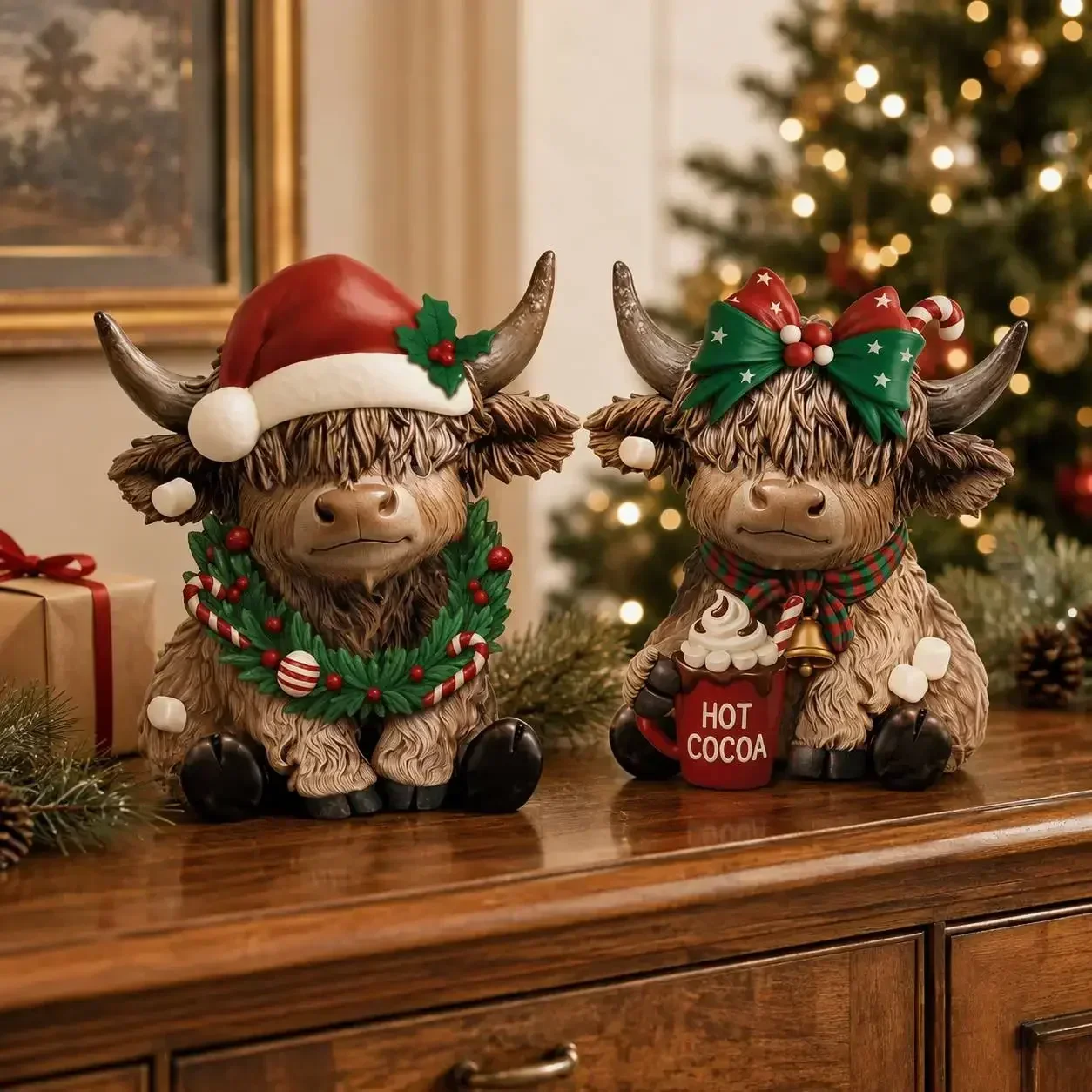 2PCS Christmas Highland Cow Figurine, Cute Cow Desktop Decor with Santa Hat Wreath Bow Hot Cocoa, Rustic Farmhouse Holiday Gift